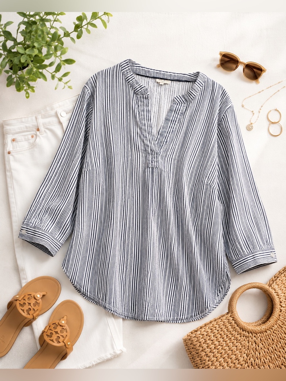 Saint Tropez West Striped Linen Blend Tunic Top 1X Blue White 3/4 Sleeve